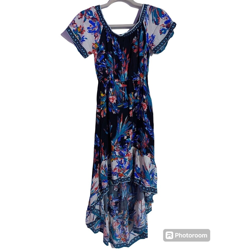 Flying Tomato Dress S Blue Pink Floral Feminine Maxi High Low Off Shoulder Boho